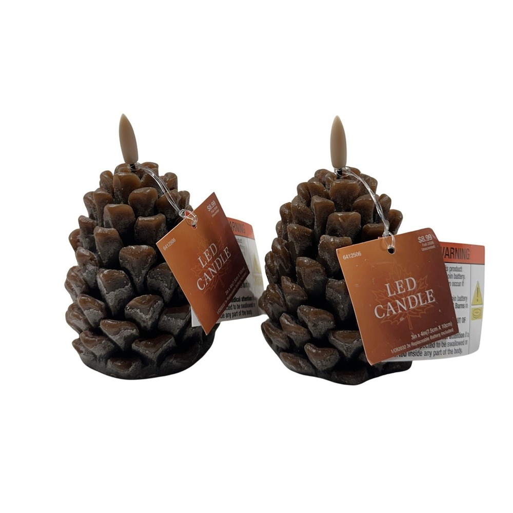 2026 Hobby Lobby Pine Cone Candle LED Battery Timer Flame Fall Set Of 2 NWT